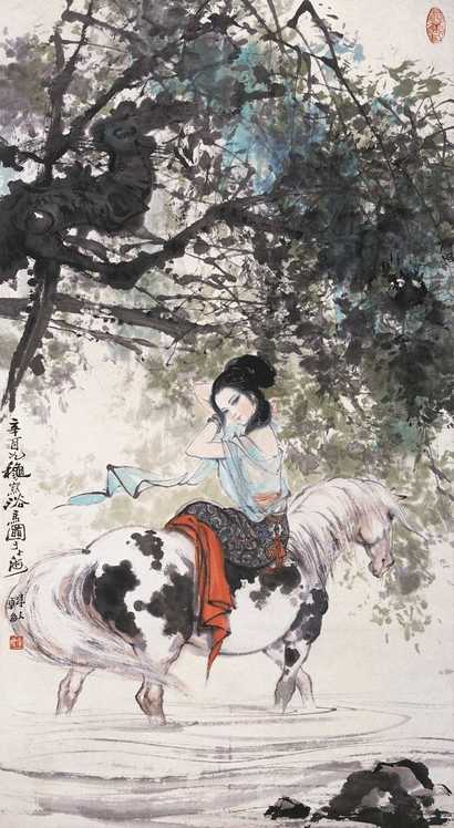 韩敏 辛酉（1981年） 浴马图 立轴